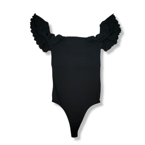 Aritzia Wilfred Black Maeva Bodysuit Ruffled Top Blouse Fine Ribbed Thong cut XS - Picture 9 of 12